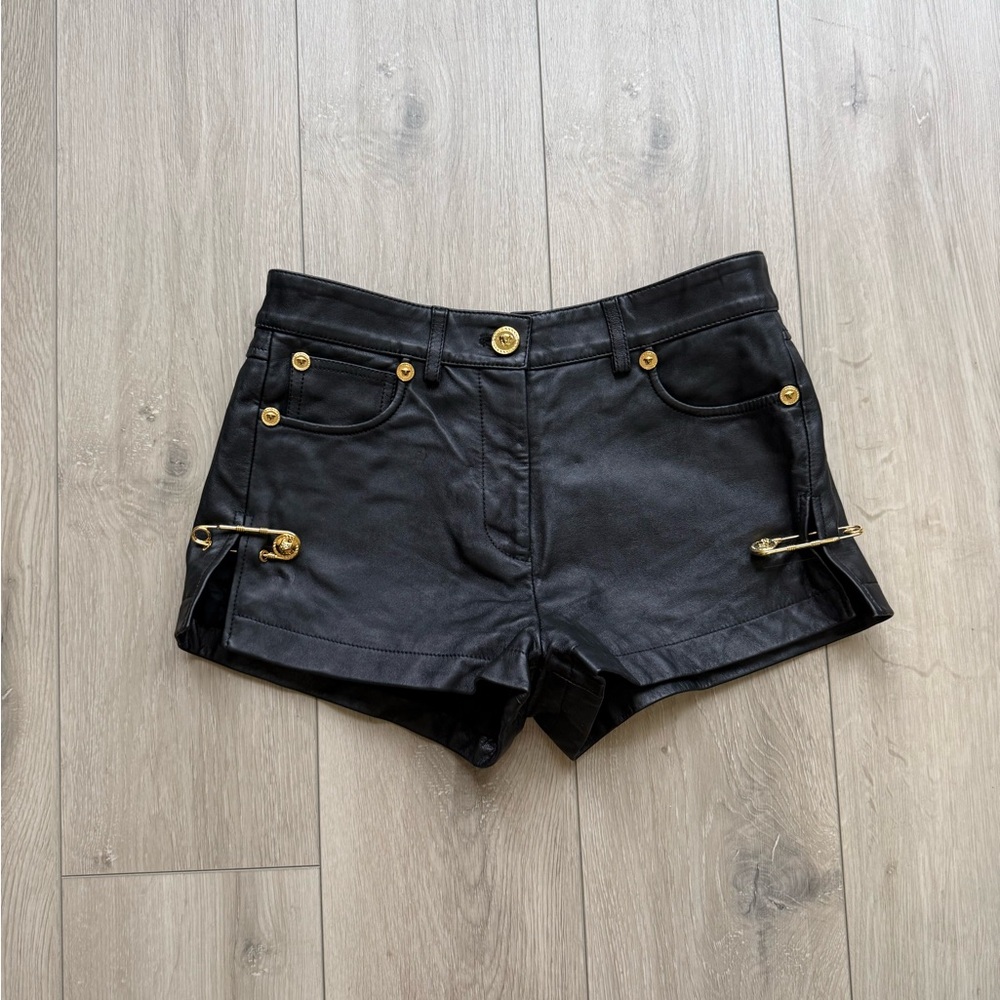 Versace Black Leather Safety Pin Mini Shorts. Size Italian 40. Excellent